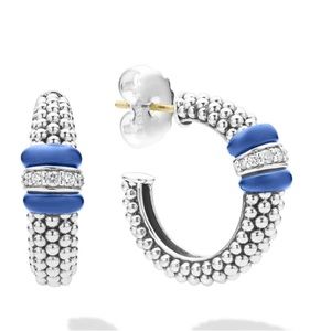 Lagos sterling silver and blue ultramarine ceramic hoop earrings with diamonds